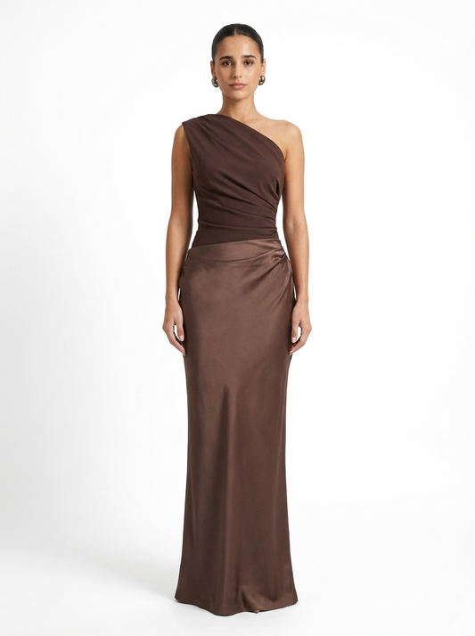 Natalia | Vestido maxi de satén de un solo hombro - rosa melano